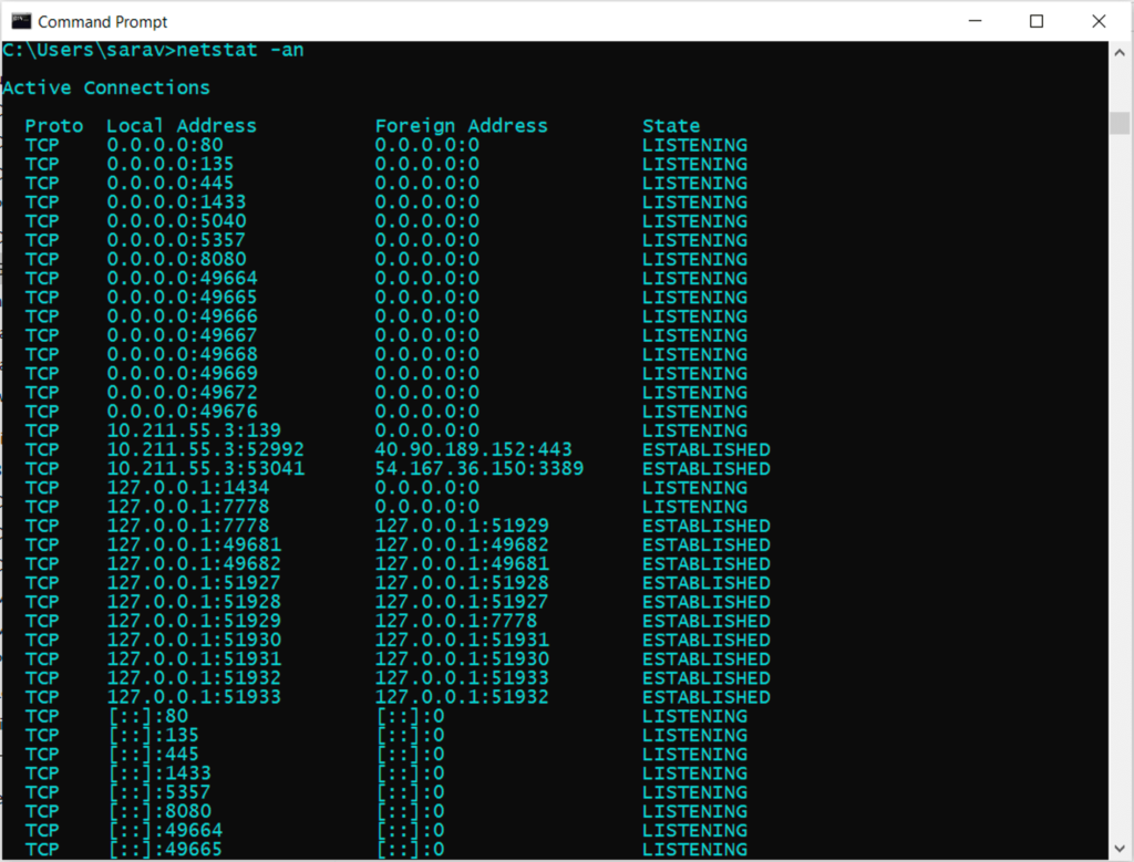 Netstat command windows Usage and Examples Devops Junction